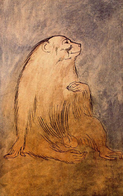 artist-picasso:  Seated monkey, 1905, Pablo PicassoMedium: ink,watercolor,paperhttps://www.wikiart.org/en/pablo-picasso/seated-monkey-1905