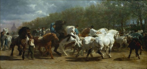 blondebrainpower:  “The Horse Fair” by Rosa Bonheur. 1852–55.Like many female artists, Rosa Bonheur‘s father was a painter. The French Realist painter is considered one of the most famous female artists of the 19th century, known for her large-format