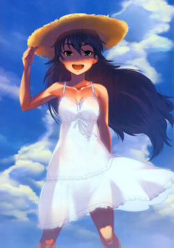 idolmaster ganaha hibiki don michael scan 1girl absurdres bare shoulders black hair blue sky clavicle :d dress green eyes hat high res long hair open mouth ponytail sky smile solo standing straw hat sundress sun hat very long hair | Sankaku Channel