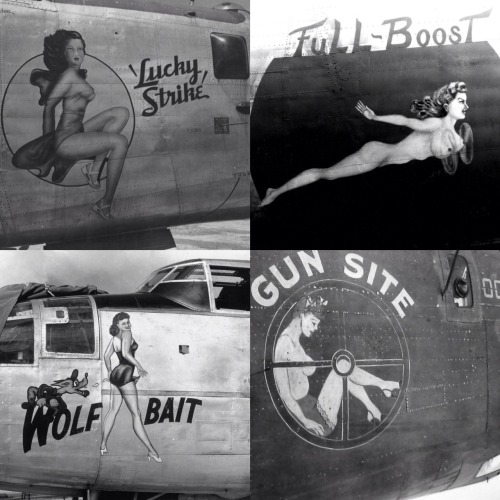mywildloves:  formfollowsfunctionjournal:  World War II Aircraft Nose Art   I have a thing with pin up girls. Not porn necessarily, just pin ups. Id love to be a pin up and have my picture on someones fighter jet or in the door frame of their locker or