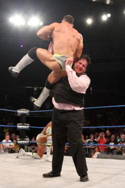rwfan11:  &ldquo;MR. Pectacular&rdquo; (Jessie Godderz ) - gets his cheeks exposed during a chokeslam! ….and what beautiful cheeks they are! :-)
