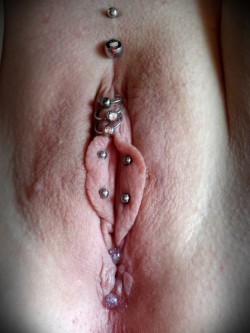 pussymodsgalore  Christina piercing, three horizontal clithood (HCH) piercings, inner labia piercings (pinning her inner labia to her outer labia with curved barbells? A nice idea!) and I&rsquo;m not sure what is happening around or through her anus!