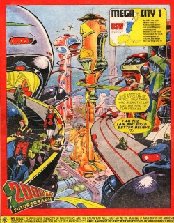 2000adonline:  Mega-City One Skyline - Carlos EzquerraFabulous view of the ‘greatest city on Earth’ - Mega City One: The “Big Meg”, from Judge Dredd co-creator, Carlos Ezquerra, for this 2000AD Futuregraph - or ‘StarScan’ - for Prog 3 (12Mar’77).Giving