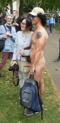 walkingandswinging:  londonnakedbikeride:  3 of 3.   Heâ€™s raising a very good point about the WNBRâ€¦.public nudity at itâ€™s best.