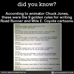 did-you-kno:  According to animator Chuck Jones, these were the 9 golden rules for writing Road Runner and Wile E. Coyote cartoons.  Source Source 2