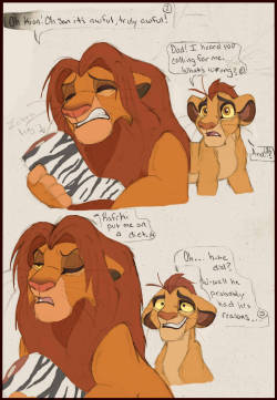 xx-junglebeatz-xx:   Haha I love Simba being a lovable goofball of a father XD the interactions between him and Kion are fun!Somebody help Simba….  