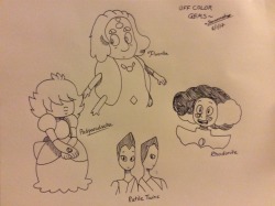 blue-apple-artisan: I drew the Off-Colored Gems from the new Steven Universe episode for practice~   And I even did it without the use of a pencil~ I used a black gel pen~  Here we have Padparadscha, Fluorite, the Rutile Twins, and Rhodonite~ I would