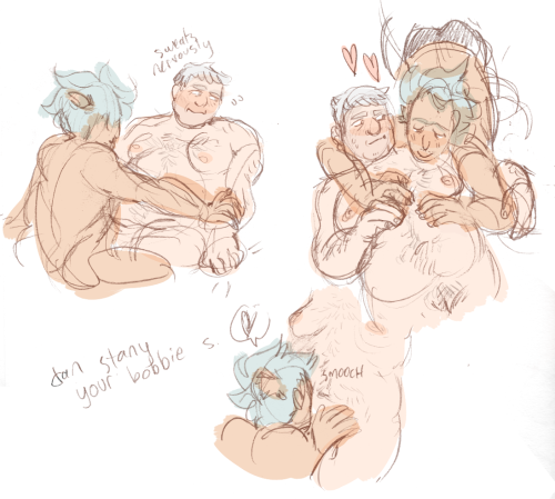 veryqueerdraws:combined two requests (trans stan   older stanchez w/ rick admiring stan’s body hair n belly)