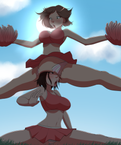 For their first pin-up with me Maria requested an image featuring their  characters Jinpa (top) and Jeanna (bottom) having a bit of a  cheerleading accident that leads to a very exciting outcome. 