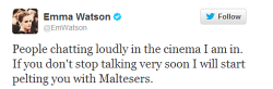 lizzysinlove:  Imagine being pelted with malteasers by Emma watson 