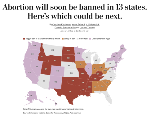 trianglart:[”Abortion will soon be banned in 13 states. Here’s which could be next.”Trigger ban to take effect within a month: Idaho, Utah, Wyoming, North Dakota, South Dakota, Texas, Oklahoma, Missouri, Arkansas, Louisiana, Mississippi, Tennessee,