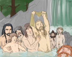 algrenion:  Headcanon time. Thorin’s company would have group baths on the way to the Lonely Mountain. One group would go wash in a river while the other made sure it was safe, then they’d swap shifts. Additional info includes that Bofur would keep
