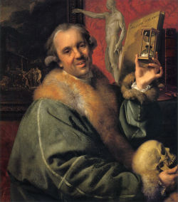 Johann Joseph Zoffany (Frankfurt-am-Main 1733 - Strand-on-the-Green 1810); Self-portrait with skull and hourglass (Ars longa, Vita brevis), c. 1776; oil on panel, 77 x 85.5 cm; Galleria degli Uffizi, Firenze
