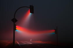    Long exposure, 3 traffic lights in the fog.  Wow  Such light 
