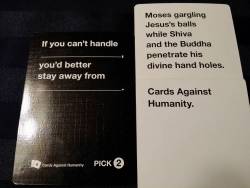 kernalmustache:  blasianxbri:  lifeoftroye:  thesolacebeforethestorm:  Fucking cards against humanity, man.  I nearly spat out my drink omg  I NEED THIS GAME.  Why does it have to be so expensive though? 