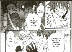 takanookay:  Anyone notice this parallel?  Where little Usagi Akihiko and Nowaki did the same exact thing with the one glove for each person and holding the exposed hands to keep warm?  I don’t know. I found this really “wow” when I was reading