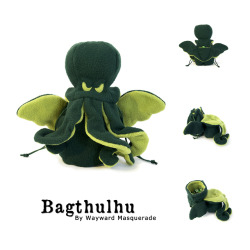 waywardmasquerade:  Look who’s all grown up and ready to take over the world.Bagthulhu is an unspeakable horror in the form of a cuddly soft toy dicebag for the most discerning of cultists. He likes dice, souls, and comfy places to wait dreaming.After