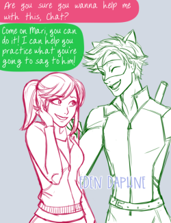edendaphne: I cheated and combined days 11 (aged up Marinette) and day 14 (aged up Chat Noir) for Marichat May.  Chat is helping Marinette work up the courage to confess to her mystery crush.  ;3 I used @hchano‘s and @australet789‘s adult Chat designs