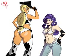 chillguydraws: Rumble Rumps   Commission for @ironbloodaika​ featuring humanized Applejack and Rarity dressed as two characters from the game Rumble Roses. It’s a battle of class and sass or T&amp;A. _______________________________________________