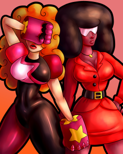 fawnessart:  Steven Universe and Powerpuff Girls crossover: Ms. Bellum and Garnet clothing swap. Curvaceous afro women unite!  O oO &lt;3