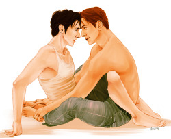 shigtopia:  AU where Erik comes home to find Charles doing yoga (or sth) and well, wants to join him. codenamecesare sent me a few prompts, this was born from the one saying: ‘one of them shirtless and flirting while the other is fully dressed and shy’