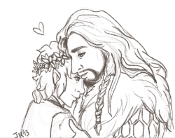 bilbo-of-the-shire:  OOC: More doodling. This time a little bit of Bagginshield going on. I like to imagine Thorin’s just whispering the raunchiest things as he holds Bilbo in a ‘romantic’ gesture. So to people, it just looks cute. But in reality?