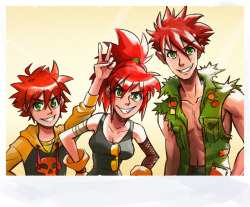 peppertode: Think of them as Gurren Lagann + the Weasleys. First concepts of Gertie with her brothers. Names are Max (younger) and Rusty (older).  X3