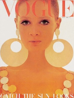 Vogue cover by David Bailey, May 1966.  Model wearing plastic disc dress by Paco Rabanne.