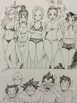 dbzreblog:  Vegeta blushing and freaking out makes me so happy!  From @nagigola.  Holy geez Bulma is stacked!