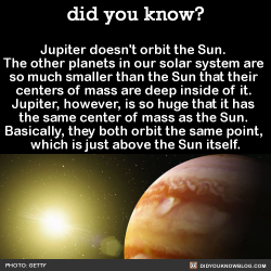did-you-kno:  Jupiter doesn’t orbit the Sun.  The other planets in our solar system are  so much smaller than the Sun that their  centers of mass are deep inside of it.  Jupiter, however, is so huge that it has  the same center of mass as the Sun. 