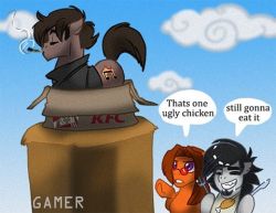nopony-ask-mclovin:  thegamercolt:  Gamer and Aha go out for sone KFC….and they fine an Odd looking Chicken in a box, But its KFC after all so it should be ok /its Johens b-day pic :Þ bit late but thats ok/  McLovin: that’s a very big chicken. or