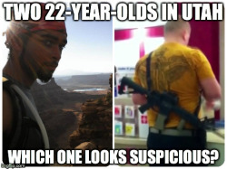 whatisthat-velvet:  geewillikersguys:  liberalsarecool:  keithboykin:  When Utah residents saw 22-year-old Darrien Hunt carrying a toy sword, they called police who shot and killed him. But when 22-year-old Joseph Kelley carried an assault rifle to a