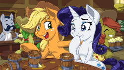 myatomsmadethis:  latecustomer:  AJ treats Rarity to sample ciders from all across Equestria.Link to my DevArt posting of this: http://fav.me/d8zbpzg      I hate that cider was made into sort of a beer in equestria. That being said, this is so cute. 
