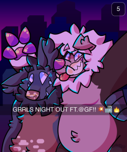 pixelbuckets: #DATENIGHT  Monster lesbians ready to be gay and do crimes!! Featuring @wondrous-pearl‘s lovely fursona Violet and my sweet lil JD! I don’t even use snapchat dfgjnfdog. 