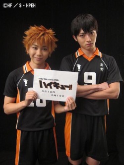 fencer-x:Hinata and Kageyamaâ€™s stage actors promoting Haikyuu!! day August 18th at 8:19! XD