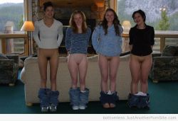 bottomlessbeauties:  Spanked Smiling Foursome With Pants Around Ankles (1)    More Bottomless Images at bottomless.JustAnotherPornSite.com