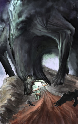risen-from-ragnarok:  Odin &amp; Fenrir at Ragnarok By LunaticLucien on Deviantart