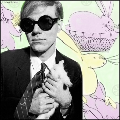 blondebrainpower:Andy Warhol with Rabbit, and His Own Rabbit SketchesWarhol’s Chocolate Bunny, and Eggs Screen Prints