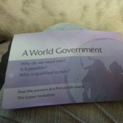 This is being passed around my neighborhood. Seems there is a gathering for supporters of a One World Government @ReliantStadium.   Seems that the #NWO is real after and their looking for their sheep. And they&rsquo;re looking right here in Houston.