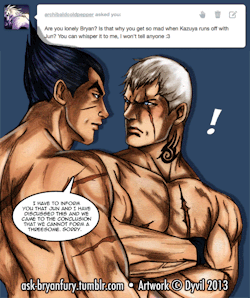 ask-bryanfury:  No fucking way. What the fuck just came out of his mouth? That’s some stupid joke! Like I would be interested in old people like Kazuya and his bitch. And I’m not lonely! Leave me alone! *snarls*…Okay, maybe I am. Just a little bit.