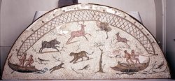 via-appia:  Semi-elliptical mosaic pavement from an apse, a hunt in marshlands Roman, 200-225 AD 