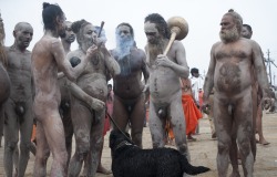 thenakedspiritualist:  Naga sadhus, in India, covering their nude bodies with ash and smoking cannabis. 