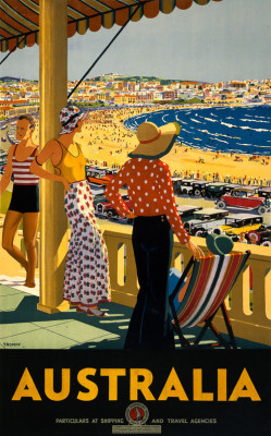 vintagraphblog:  Australia. This vintage travel poster shows three women and a man on a balcony overlooking an Australian roadway and beach. Illustrated by Percy Trompf for the Australian National Travel Association, circa 1930.