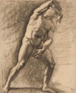 Armand Point (French, 1860-1932) A male nude, turned to the right, his arm shielding his eyes. Black chalk on light brown paper, 65 x 50 cm.