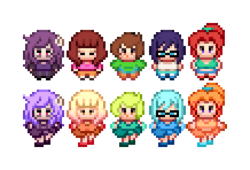 icingbomb: I think it’s time to post them now~ Some smol pixels i made for @dedalothedirector​, his Cosplay Girls &lt;3 From left to right: GothGal, Maddy, CosGal, Marina and RogueGal. Also i’ve considered adding another set of them all as Magical