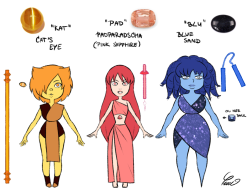That’s not even a half of my gem OCs ;w;The first three are polyamorous lil’ lesbians that fuse into Charoite [the purple one], during Rose’s rebellion they’ve fought on different sides [Pad on Rose’s side, Kat under Yellow Diamond and Blu under