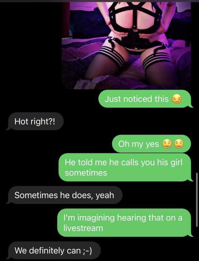 mycuckjournal:Texts with Michelle just now. I’m in green. In the photo in the screenshot you can see part of a lingerie set I bought Michelle to wear for Jason. You can’t see it but it has a built-in collar. 😳
