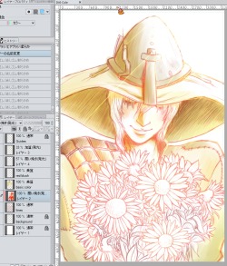 Update on the Cole print I&rsquo;m working on. Sweet Andraste, I am never drawing so many sunflowers ever again&hellip;!! Slowly laying down the colors on Cole, and probably gonna do the flowers last.