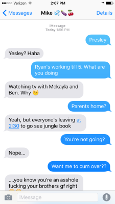 cheatingteenslut:  WELP, I just fucked my boyfriendâ€™s brother on my parentsâ€™ bedâ€¦ I was sitting at home today watching TV with my brother and sister while my parents got ready to take them to the movies when my boyfriendâ€™s brother Mike texted