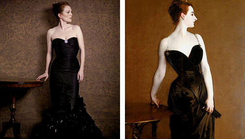 jackthecb:  marthajefferson:  Julianne Moore as “Famous Works of Art” by Peter Linderbergh - for Harper’s Bazaar Seated Woman With Bent Knee by Egon Schiele, La Grande Odalisque by Ingres, Saint Praxidis by Vermeer, The Cripple by John Currin, Les